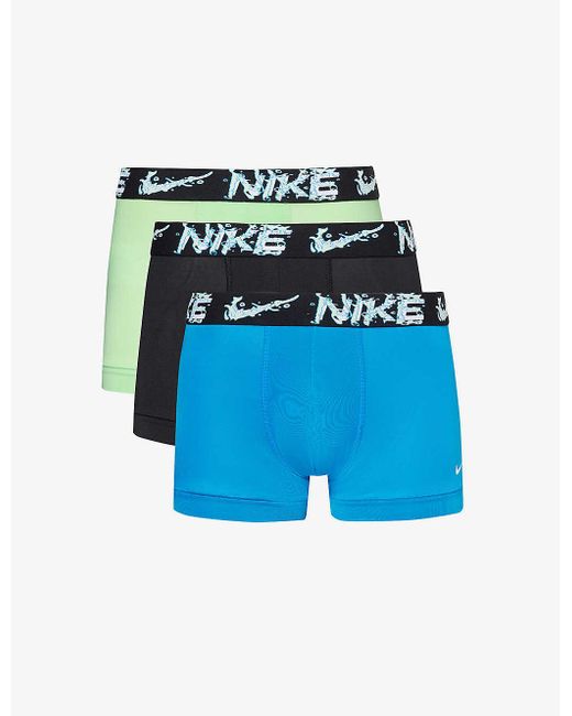 Nike Blue Logo-waistband Pack Of Three Recycled Polyester-blend Trunks for men
