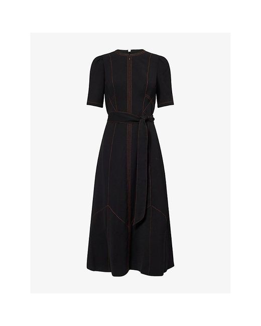 ME+EM Black Contrast Topstitching Belted Woven Midi Dress