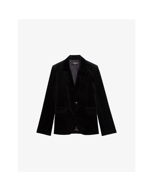 Zadig & Voltaire Black Vavy Padded-Shoulder Cotton-Velvet Blazer