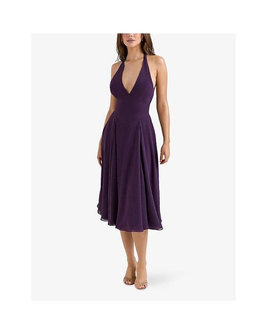 House Of Cb Purple Solada Floral-Pattern Woven Midi Dress Xs (A-C Cup)