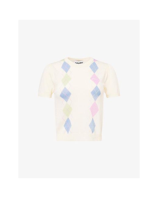 Ganni White Argyle-Pattern Knitted T-Shirt