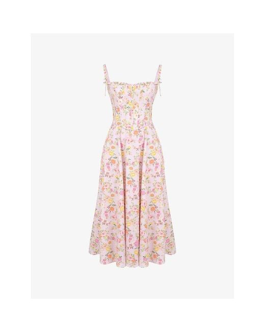 House Of Cb Pink Clarabelle Corseted Floral-Print Stretch-Woven Midi Dress