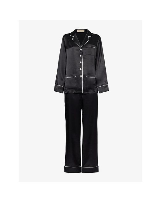 Olivia Von Halle Black Coco Contrast-piping Silk Pyjama Set X