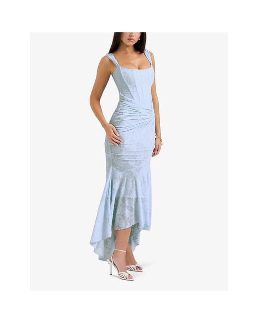 House Of Cb Blue Cesca Floral-Print Corseted Stretch-Woven Maxi Dress