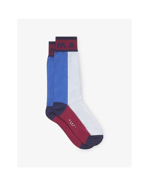Marni Blue Colour-Block Cotton-Blend Mid-Calf Socks
