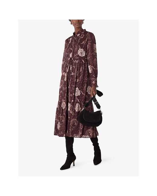 Whistles Brown Floral-Print Tie-Waist Woven Midi Dress
