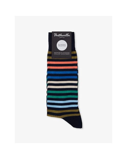 Pantherella Blue Kilburn Stripe Pattern Cotton-Blend Socks for men