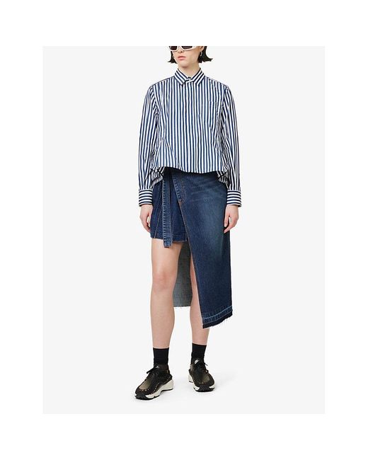 Sacai Blue Vy Stripe Godet-insert Striped Cotton-poplin Shirt