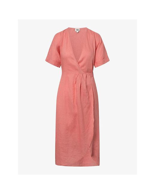 Twist & Tango Pink Mya Wrap-front Short-sleeve Linen Midi Dress