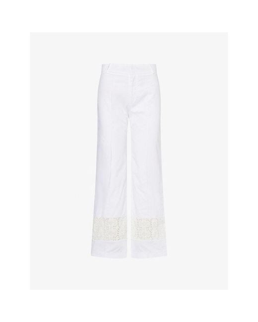 D'Estree White Open-Cut Embroidered-Hem Straight-Leg Cotton Trousers