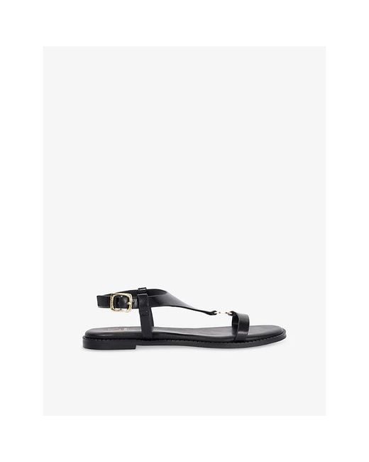 Dune Black Laith T-Bar Leather Flat Sandals