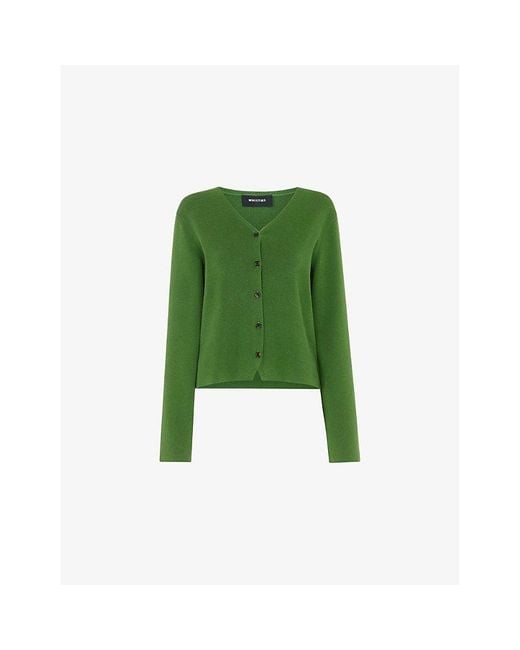 Whistles Green V-Neck Regular-Fit Stretch Cotton-Blend Cardigan