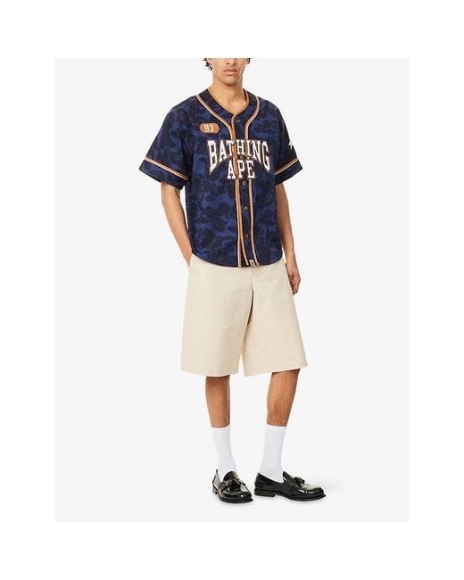 A Bathing Ape Blue Logo-Embroidered Camo-Print Cotton Baseball Shirt for men