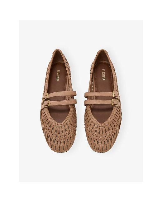 Reiss Brown Elizabeth Leather And Raffia Ballet Flats
