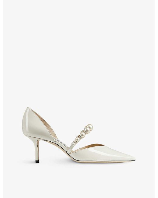 Jimmy Choo Aurelie 65 Pearl-embellished Patent-leather Courts in White ...