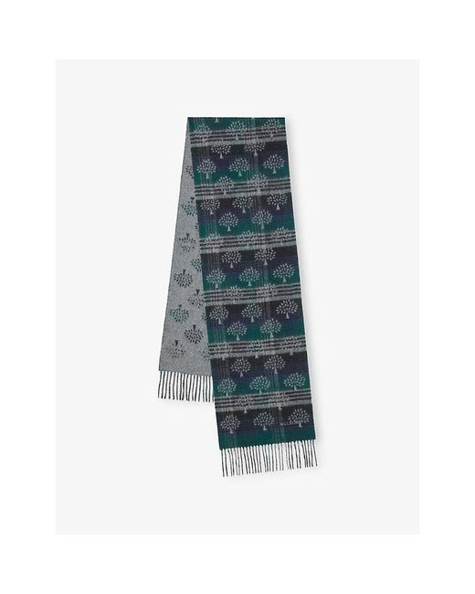 Mulberry Blue Heritage Check And Tree Wool Scarf