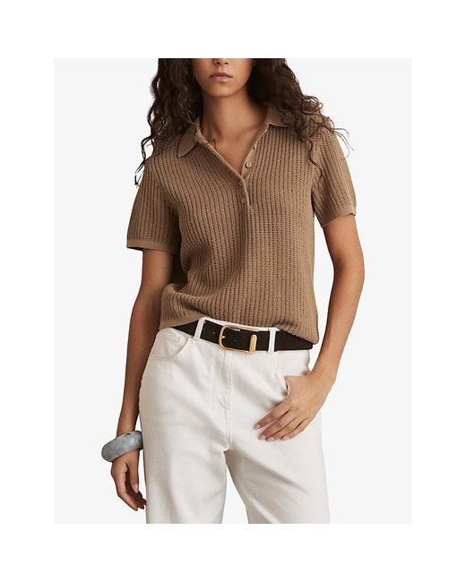 Reiss Brown Evi Open-Knit Cotton-Blend Polo Shirt