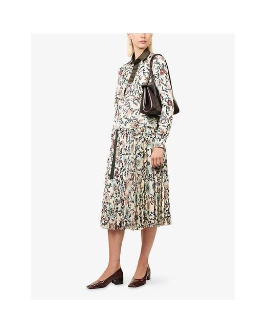 Sacai White Floral Pleated Satin Midi Skirt
