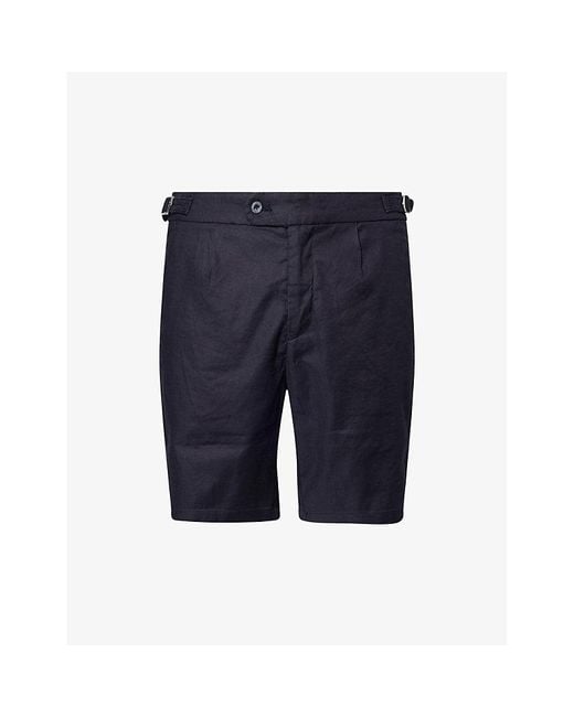 Arne Blue Tailored Darted Linen-Cotton Blend Shorts for men