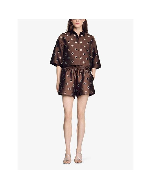 Sandro Brown Embellished Tie-Waist Woven Shorts