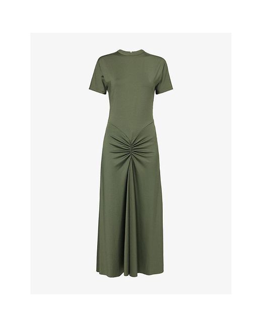 Victoria Beckham Green Ruched Short-Sleeves Stretch-Woven Midi Dress
