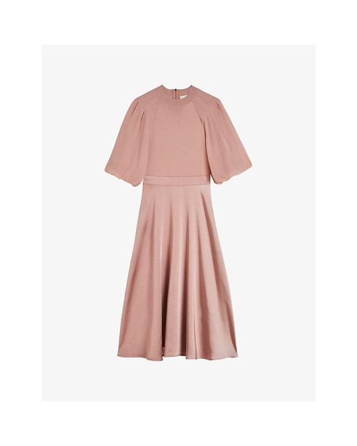 Ted Baker Pink Brontei Puff-sleeve Fitted-bodice Woven Midi Dress