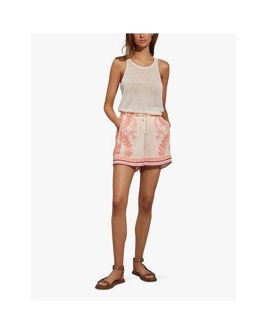 Reiss Pink Chloe Fern-print Elasticated-waist Woven Shorts