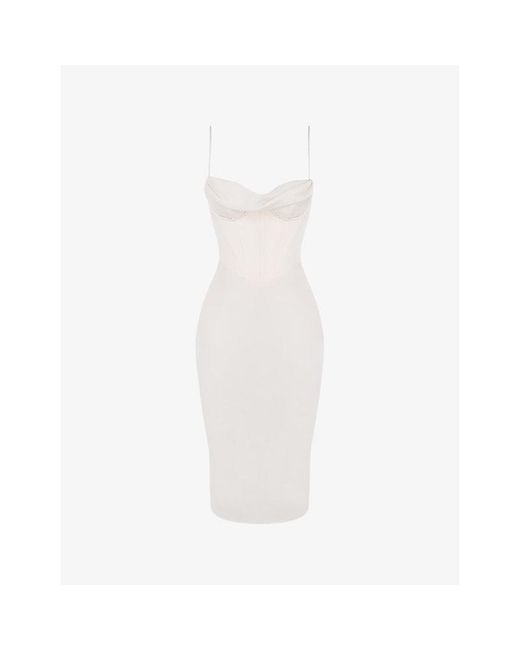 House Of Cb White Myrna Corset Satin Midi Dress