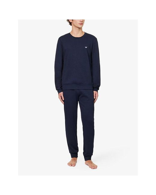 Emporio Armani Brand embroidered Cotton jersey Pyjama Set in Blue