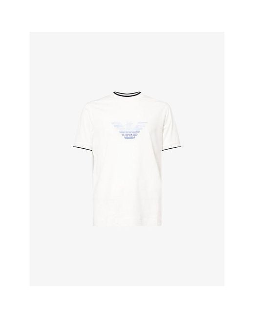 Emporio Armani White Eagle-Embroidery Crewneck Woven T-Shirt for men