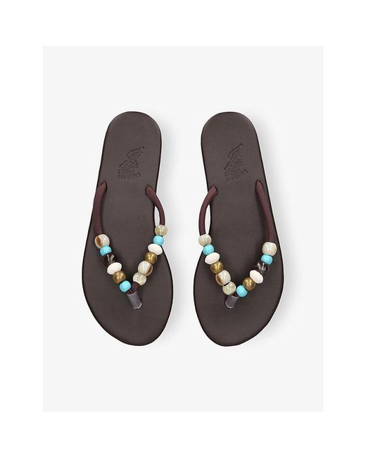 Ancient Greek Sandals Brown Saionara Bead-Embellished Thong Leather Sandals