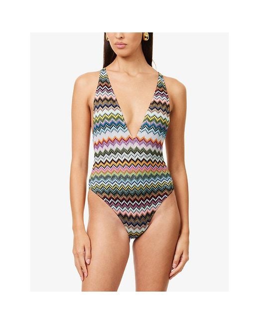 Missoni Multicolor Chevron Plunge Knit Swimsuit