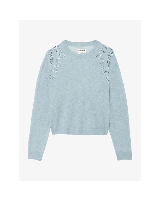 Zadig & Voltaire Blue Swapy Rhinestone-Embellished Cashmere Jumper
