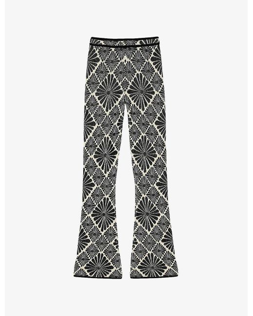 Sandro Gray Floral-print Flared-leg Stretch-knit Trousers