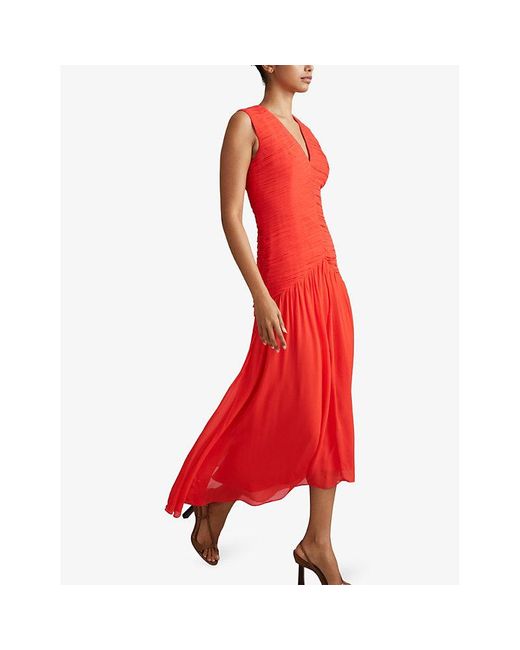 Reiss Red Saffy Ruched Woven Maxi Dress