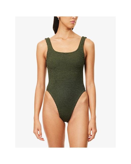 Hunza G Green Square-Neck Seersucker Swimsuit