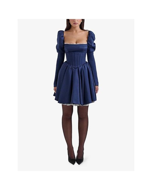 House Of Cb Blue Venetia Puff-Sleeve Satin Mini Dress
