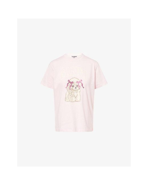 Ganni Pink Relaxed-Fit Logo-Print Cotton T-Shirt