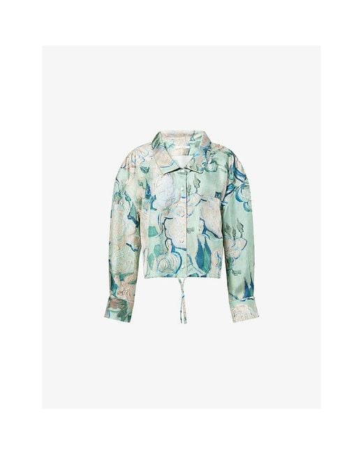 Givenchy Blue Graphic-Print Cropped Silk Shirt