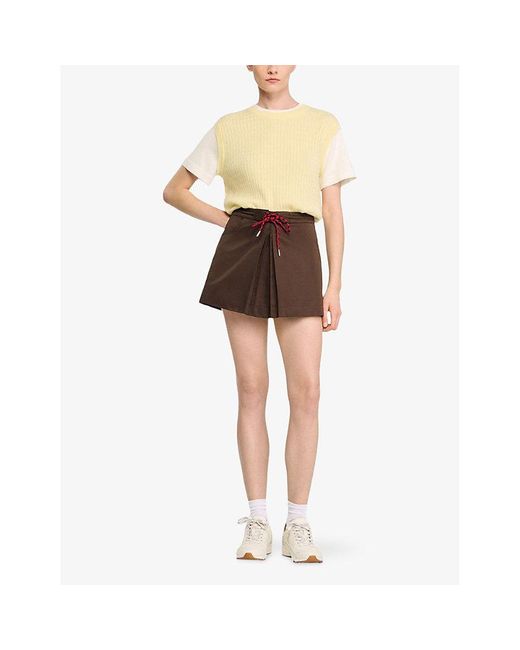 Sandro Brown Tie-Waist Side-Pocket Cotton-Blend Skort