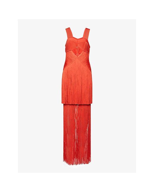 Hervé Léger Red Fringe-embellished Cut-out Recycled Rayon-blend Knitted Maxi Dress