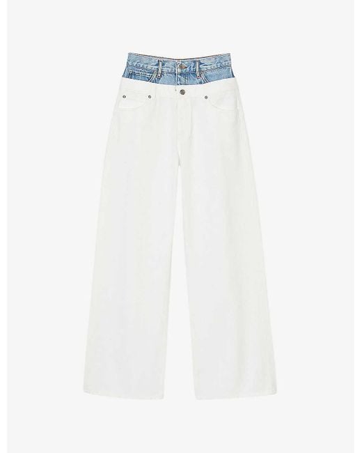 Sandro White Two-tone Double-waist Straight-leg Denim Jeans