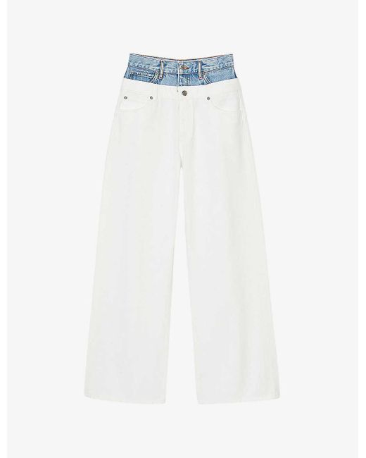 Sandro White Two-tone Double-waist Straight-leg Denim Jeans