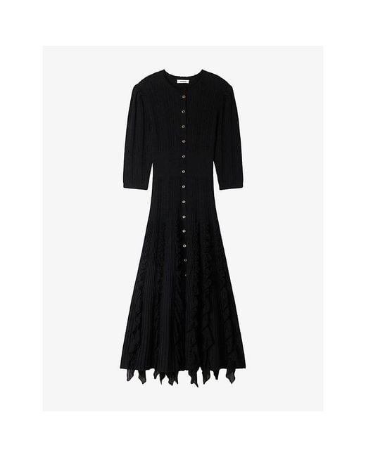 Sandro Black Ruffled-Trim Ribbed-Knit Stretch-Woven Maxi Dress