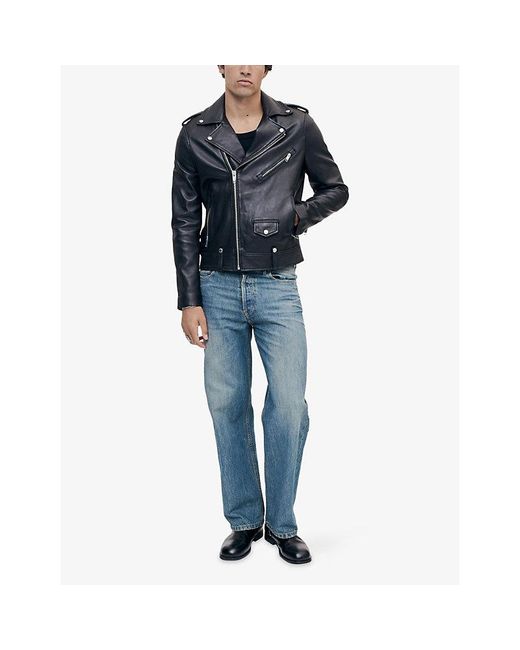 The Kooples Blue Straight-Cut Notched-Collar Leather Jacket for men