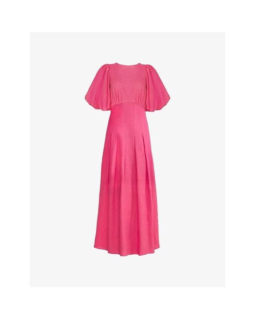 Ro&zo Pink Puff-Sleeve Shirred-Panel Linen-Blend Midi Dress