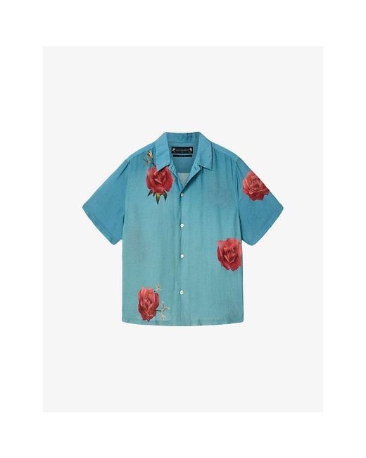 AllSaints Blue Fleur Faze Floral-Print Linen-Blend Shirt for men