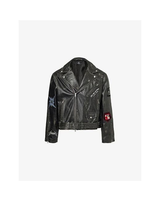 Represent Black X Metallica Zip-Pockets Relaxed-Fit Leather Jacket for men