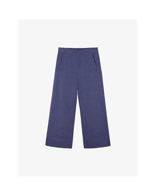 The White Company Blue Elasticated-Waist Wide-Leg Cropped Linen Trousers