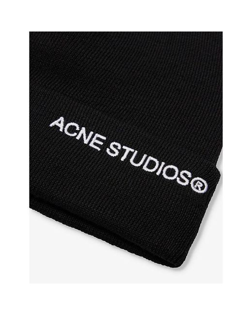 Acne Black Brand-embroidered Folded-brim Wool-blend Beanie